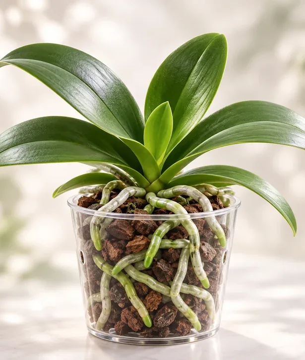 Phalaenopsis leaves, active roots and fresh new growth