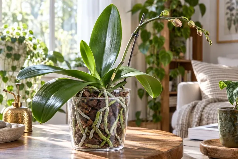 Phalaenopsis orchid in a clear pot with visible roots, a new leaf and a developing flower spike in bright indoor light