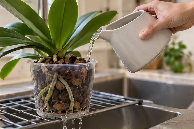 Watering a moth orchid over a sink while the pot drains