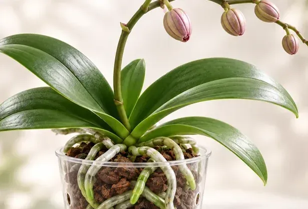 Developing Phalaenopsis buds on an arching flower spike