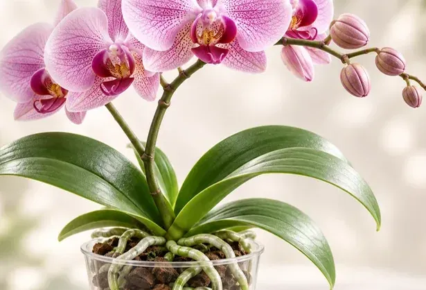 Open pink Phalaenopsis flowers above healthy green leaves