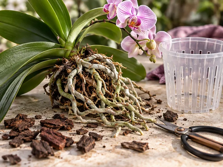 An unpotted orchid with exposed roots beside a clear pot and cutting tool