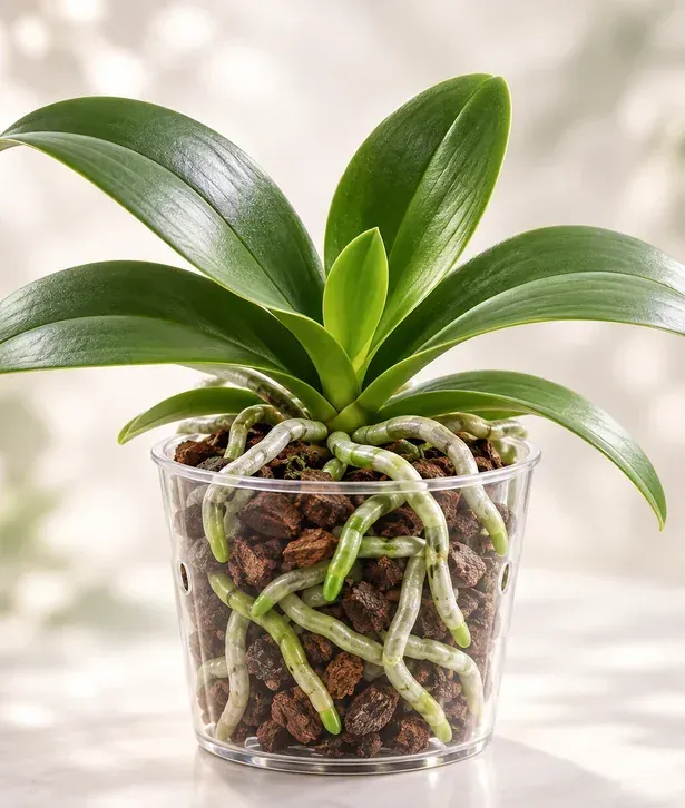 Moth orchid with fresh leaf growth and roots in a clear pot