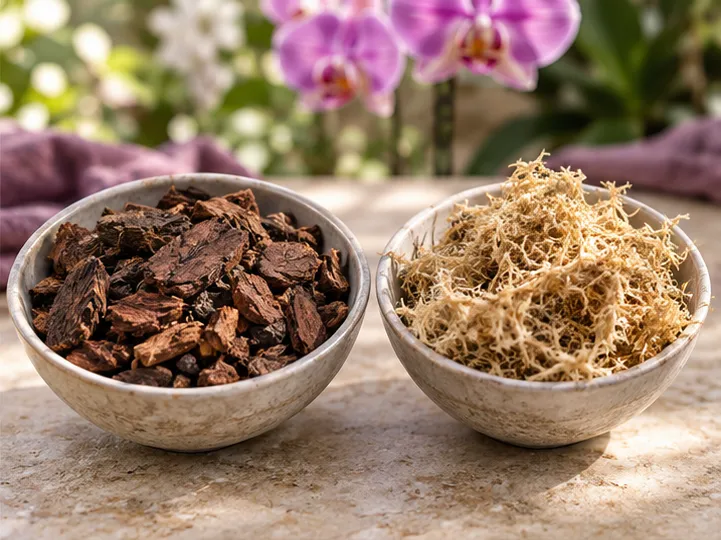 Separate bowls of chunky orchid bark and long-fiber sphagnum moss