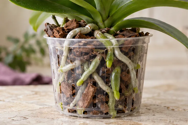 Silvery orchid roots and green tips visible through a clear pot