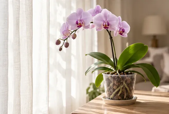 Pink moth orchid in filtered light by a window