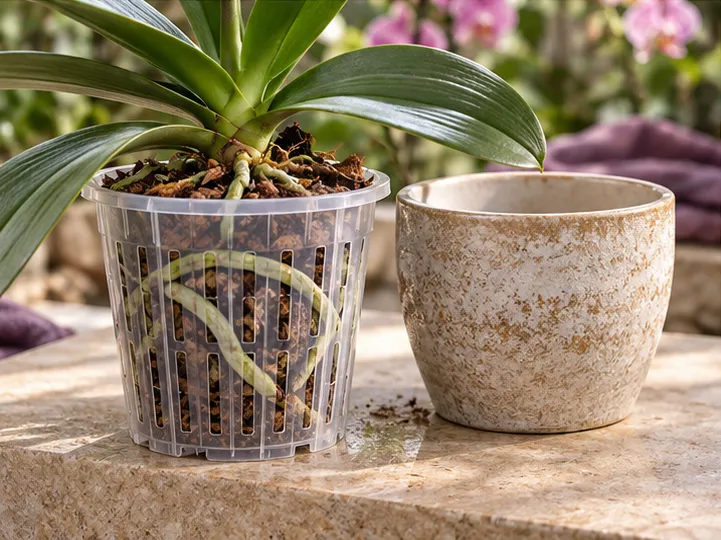 Clear slotted orchid pot beside a separate ceramic cover