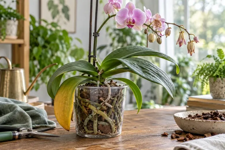 Healthy blooming Phalaenopsis in a clear pot by a window with a watering can and a measured orchid feed solution nearby
