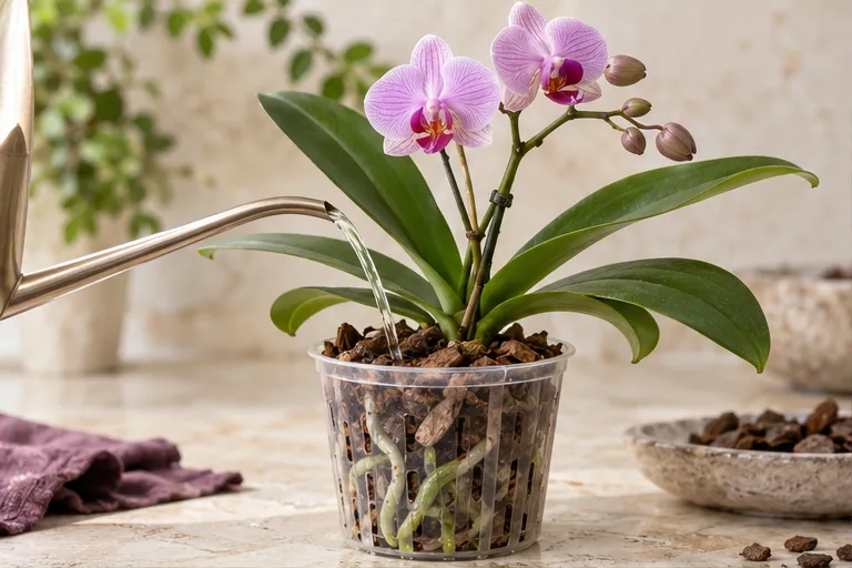 Water poured onto bark around a flowering moth orchid