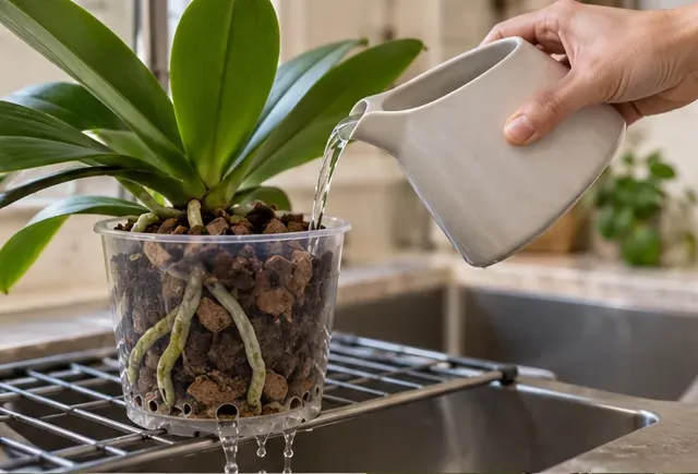Watering a moth orchid over a sink while the pot drains