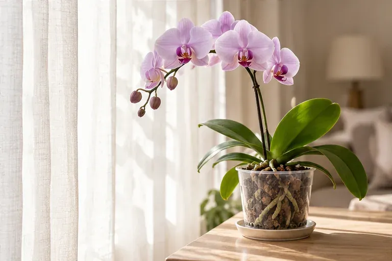 Pink moth orchid in filtered light by a window