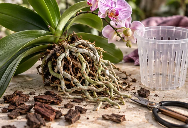 An unpotted orchid with exposed roots beside a clear pot and cutting tool