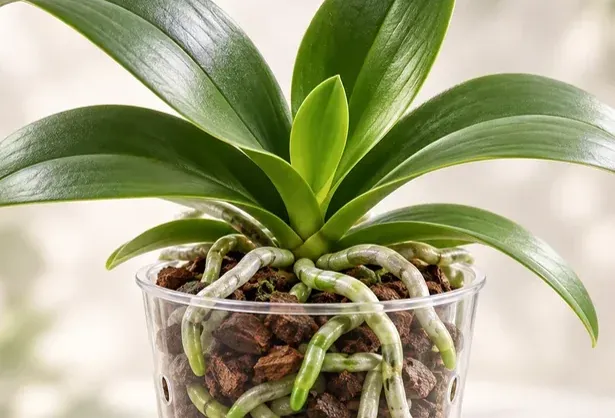Moth orchid with fresh leaf growth and roots in a clear pot