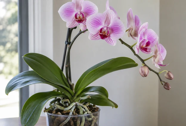 Pink-and-white Phalaenopsis with broad leaves and arching flower spikes