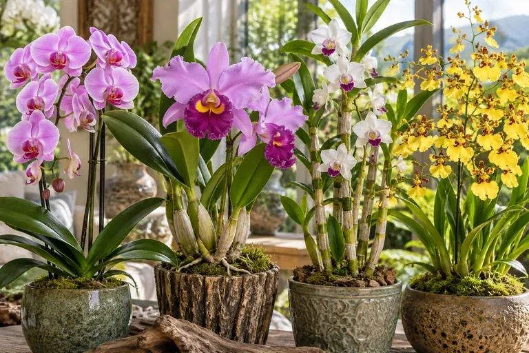Phalaenopsis, Cattleya, Dendrobium and Oncidium orchids arranged side by side in bloom
