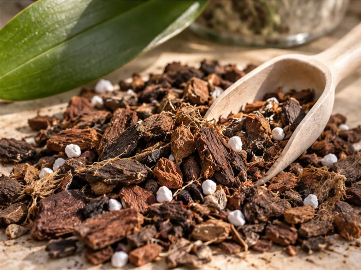 Coarse bark and perlite in an airy orchid potting mix