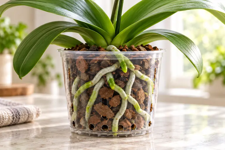 Close view of firm green and silver orchid roots visible through a clear pot filled with bark