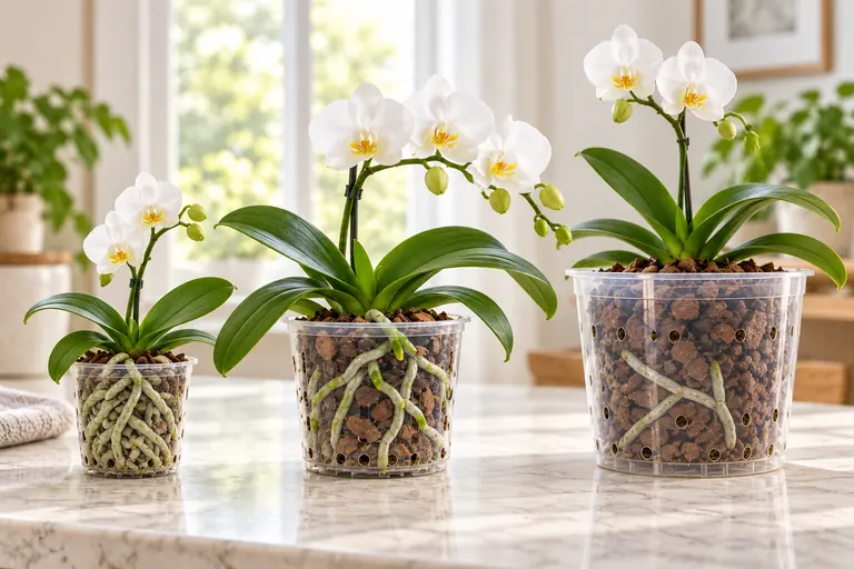 Three clear orchid pots showing root systems in a pot that is too small, a close fit and a larger pot