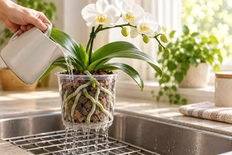 Water being poured through a clear orchid pot over a sink while excess drains from the bottom