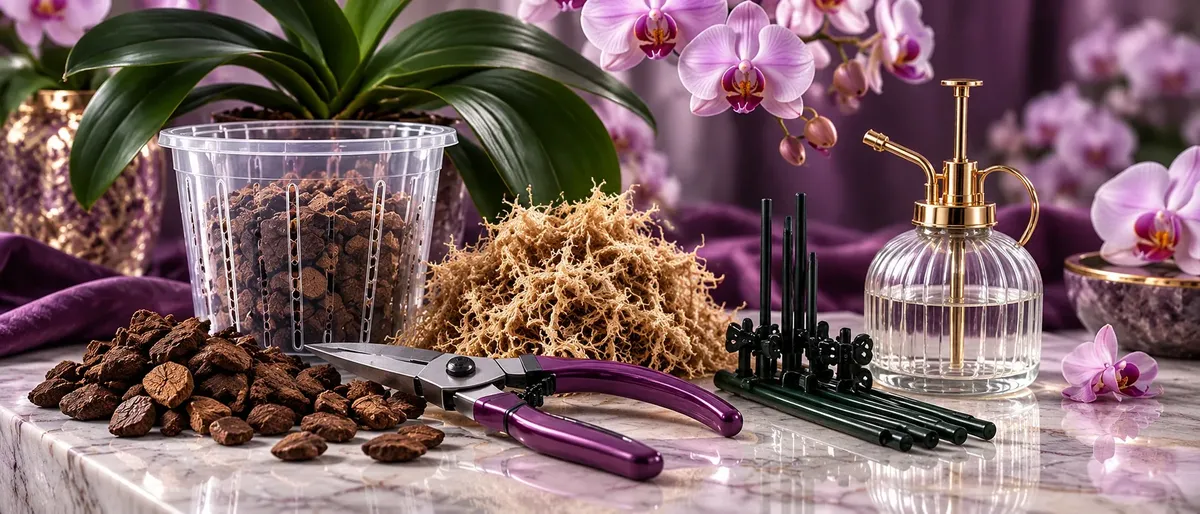 Orchid pots, bark, moss and repotting tools on a work surface