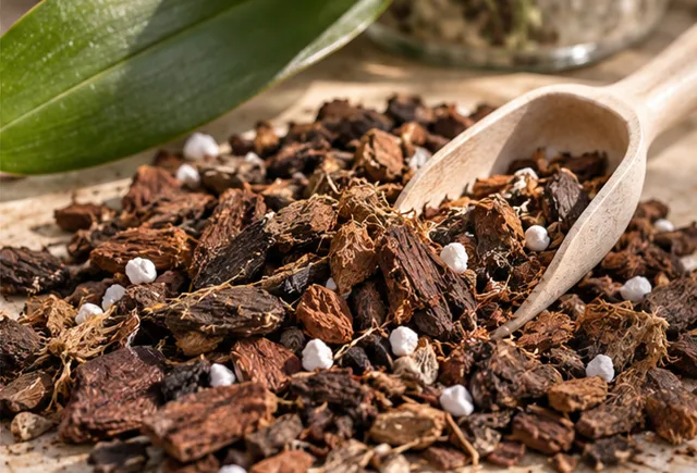 Coarse bark and perlite in an airy orchid potting mix