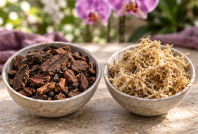 Separate bowls of chunky orchid bark and long-fiber sphagnum moss