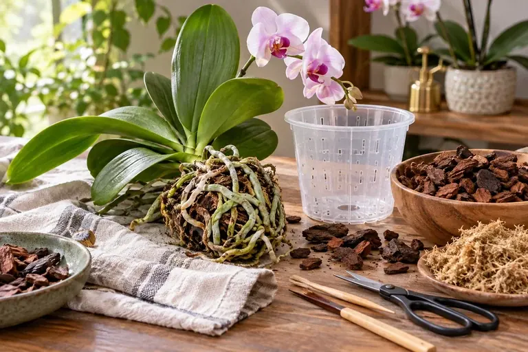 Phalaenopsis orchid ready for repotting with exposed roots, fresh bark, sphagnum moss and a clean slotted pot